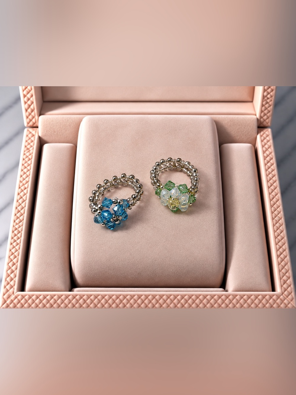 Crystal Bead Flower Ring - Blue & Green